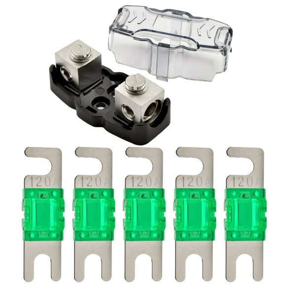 4-8 Gauge Nickel Plated Mini ANL Fuse Holder with 5 Pack Nickel Plated 120 Amp MANL Fuse