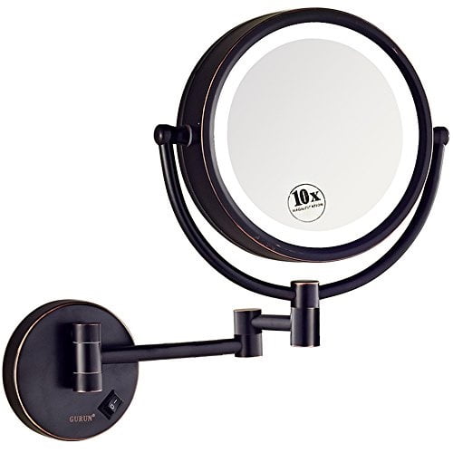 Gurun Led Lighted Wall Mount Makeup, Wall Mount Magnifying Mirror Oil Rubbed Bronzer
