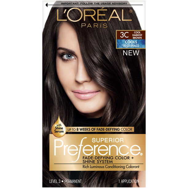 L'Oreal Paris Superior Preference Fade-Defying Shine Permanent Hair Color,  3C Cool Darkest Brown, 1 Kit 