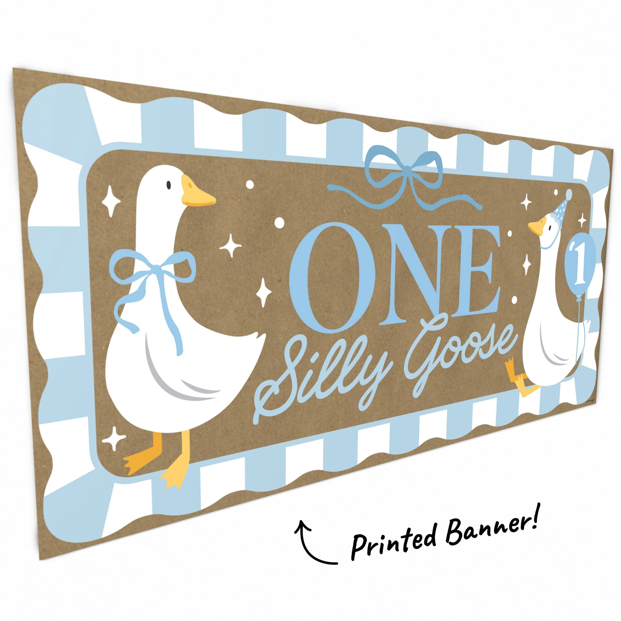 Big Dot of Happiness One Silly Goose Blue Kraft Paper Banner, Boy 1st Birthday Party Banner, Printed Brown Paper Party Sign Decoration – 1 Count