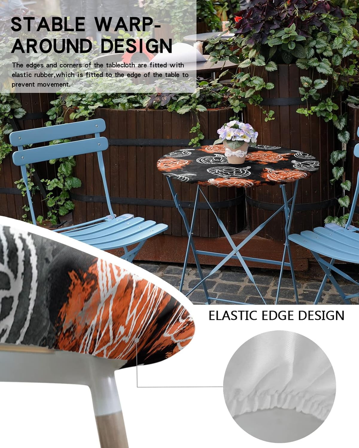 Halloween Round Fitted Tablecloth,Pumpkin Ghost Face Waterproof Elastic Edged Table Cover for Kitchen Dining Indoor Outdoor Holiday Party,Fits 45"-52" Tables,Orange and Black