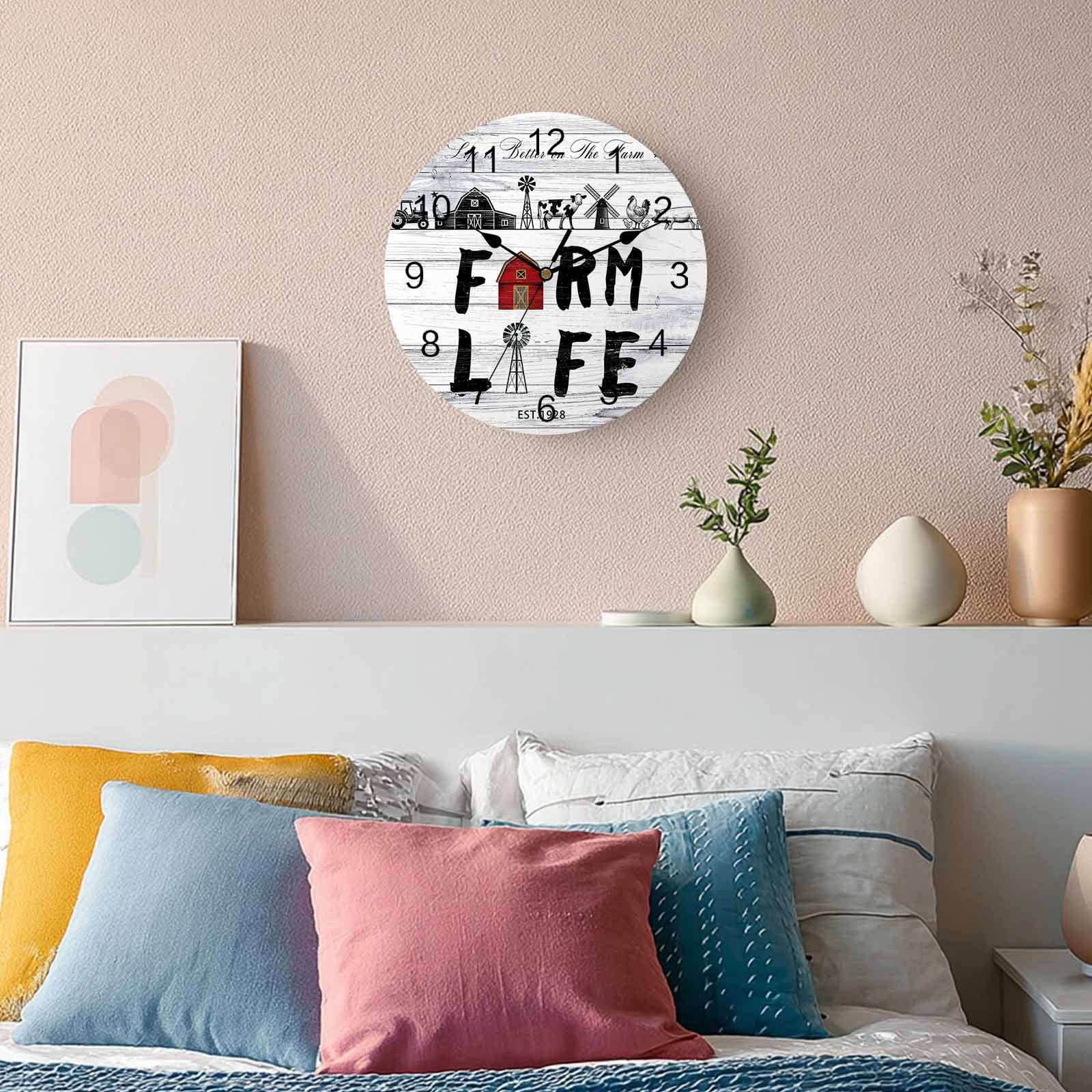 Wall Clock Farm Life Clocks PVC Silent Non-Ticking Battery Operated Decorative Farmhouse Barn Windmill Cow Chicken Tractor Wood Round Clock for Home Living Room Kitchen Bedroom Wall Decor 10 Inch