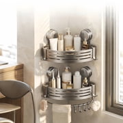 2 Pack Suction Corner Shower Caddy, No Drill Bathroom Organizer, Wall Mount Shower Shelves with Hooks, Removable Shower Caddies for Bathroom & Kitchen Storage