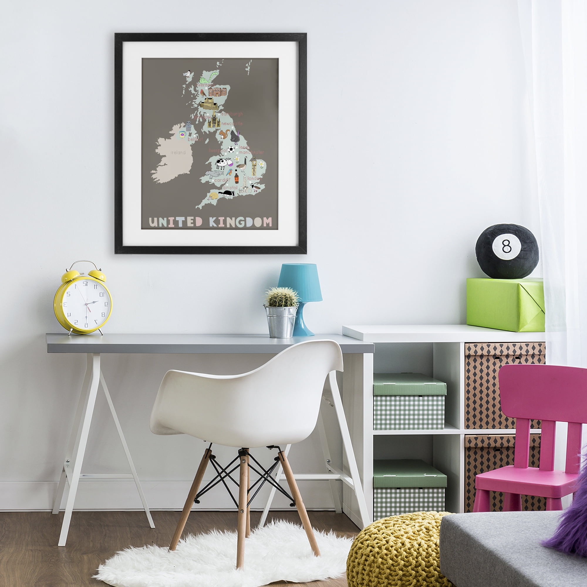 Kid's Map of United Kingdom Black Framed Print Under Glass, design by Carla Daly