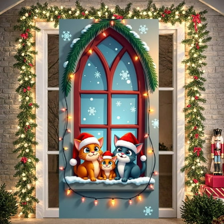 Christmas Cat Theme Banner Christmas Style Holiday Banner Snowy Scene Brick House Xmas Banner for Christmas Party Holiday Decoration Winter Celebration