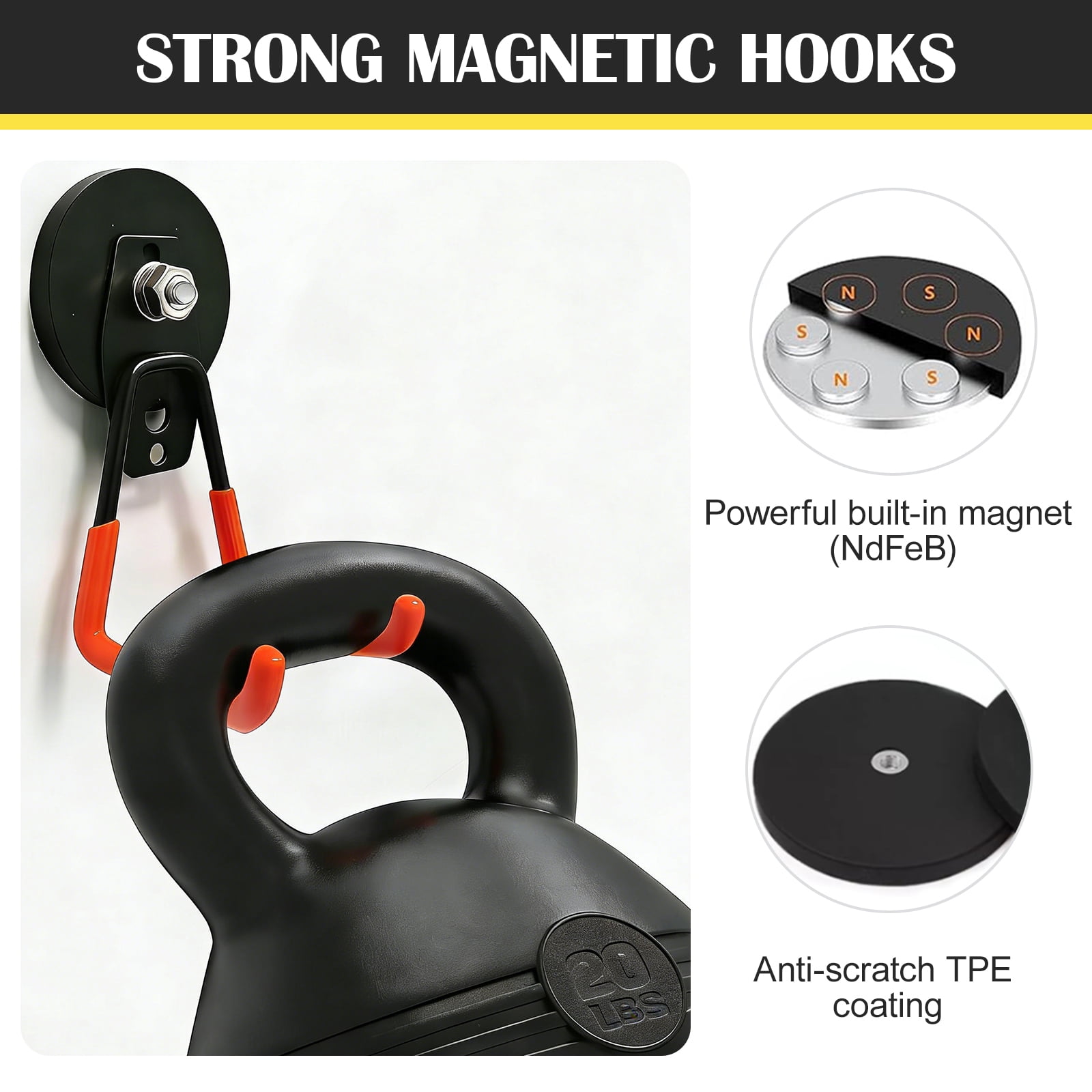 RULLINE  4 Pack Heavy Duty Magnetic Hooks - Strong 2-in-1 Dual Hook Design, No Drill Installation with Thick Rubber Coating for Garage, Workshop & Kitchen Tools, Indoor/Outdoor Storage (Orange)