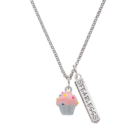 Delight Jewelry Silvertone 3-D Pink Cupcake with Sprinkles Silvertone Fearless Bar Charm Necklace, 23"