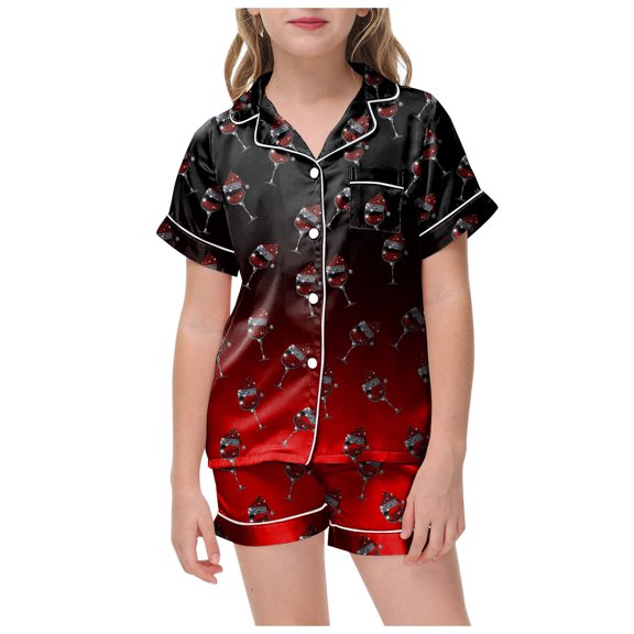 Cathalem Girls Silk Satin Pajamas Short Sleeve PJS Shorts Set Soft Button Down Sleepwear 2 Loungewear S 2 Loungewear S Red 8-9 Years