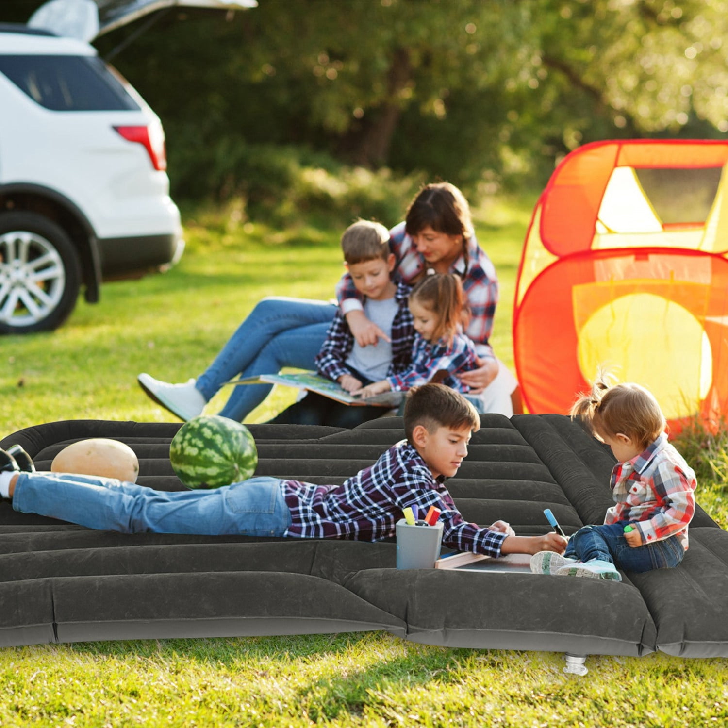 130x175x12.5cm/51.18x68.89x4.92in SUV Air Mattress Thickened Camping Bed Cushion with Pillow Air Pump Storage Bag PVC Flocked Car Bed for Home Car Travel Camping (black)