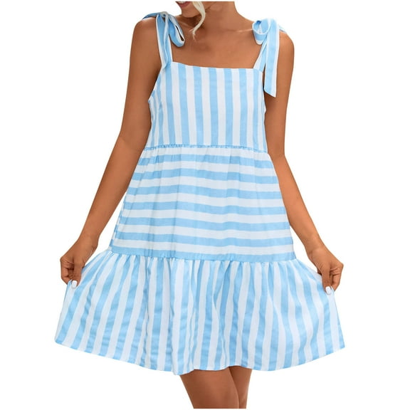Cami Dresses for Women Square Neck Shoulder Straps Bowknot Striped Mini Dress Summer Casual Comfy Beach Sun Dress
