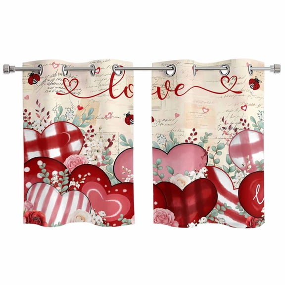 Pink Valentines Day Kitchen Curtains Window Panels, Love Heart Eucalyptus Botanical Retro Insulated Window Treatment Curtain, Grommet Curtains for Bedroom/Living Room/Bathroom, 2 Piece 27.5"Wx39"L