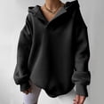 thumbnail image 3 of ZHOUCHANKIDS Ribbed Cuff Ladies' Hooded Sweatshirt Women's Hoodies & Sweatshirts Casual Fashion Solid V Neck Hooded Long Sleeve Loose Top for Black L, 3 of 6