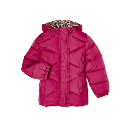Pink Platinum Girls Solid Hooded Winter Puffer Coat with Leopard Print, Sizes 4-16