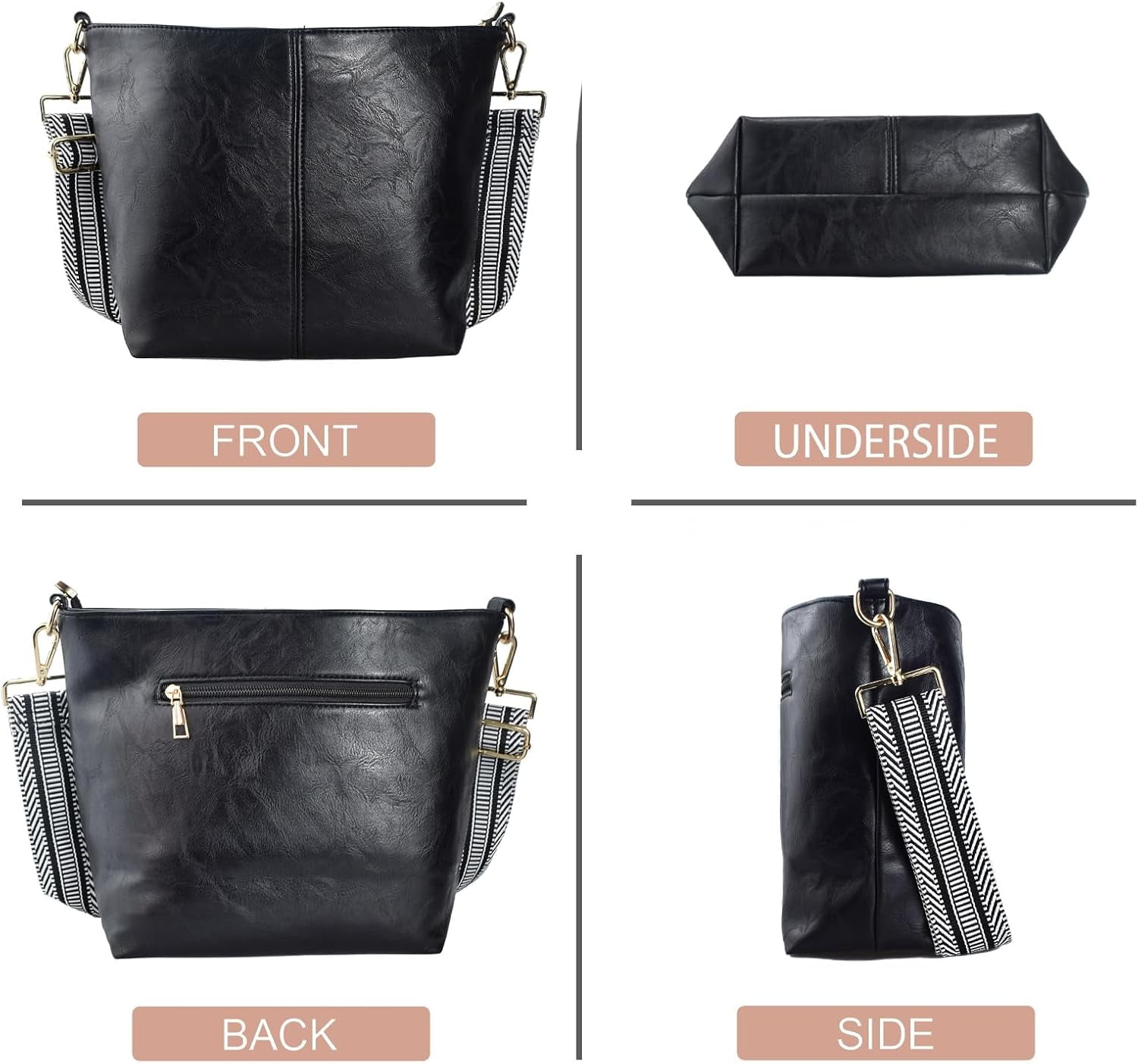 Kwuty Hobo Bags Vegan Leather Crossbody Bag Guitar Strap Shoulder Purses with Zipper Handbags for Women（Black）