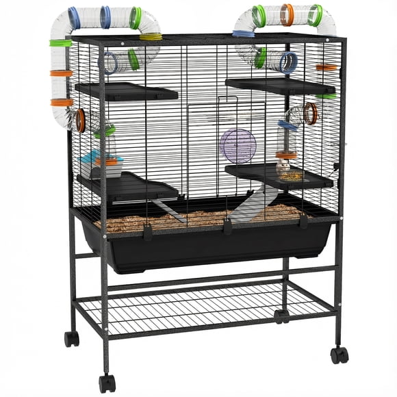 PawHut Cage Roulante pour Hamster de 43 Pouces, avec Système de Tubes Tunnel, Tablette de Rangement