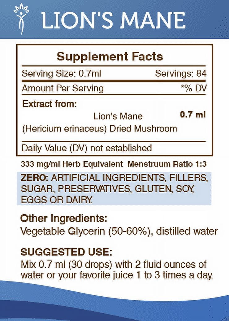 Secrets Of The Tribe Lion's Mane Tincture Dietary Supplement, Natural Herbal Extract for Cognitive Support, Lion's Mane (Hericium erinaceus) Dried Mushroom, Alcohol-Free Extract, Drops 2 oz