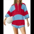 thumbnail image 3 of Women's Striped Two Piece Set Workout Lounge Shorts Outfit Oversized Comfy with Pockets Red & Blue M, 3 of 7