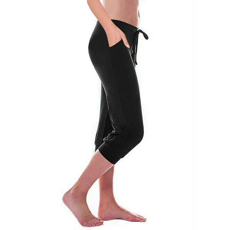 Leggings with Pocket for Women Slim Fit Elastic Low Rise Bandage Yoga Pants  Fashion Stretch Workout Capris Solid Color Casual Women's Pants(Black XS)