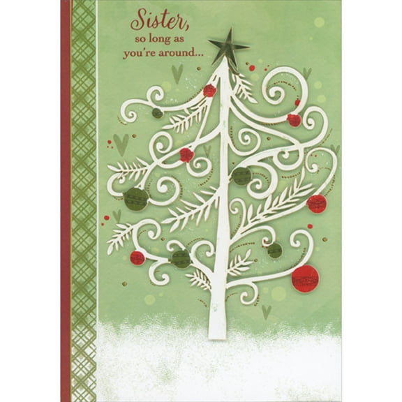 Designer Greetings So Long as You're Around: Thin Die Cut 3D White Tree with Swirling Branches Hand Decorated Christmas Card for Sister