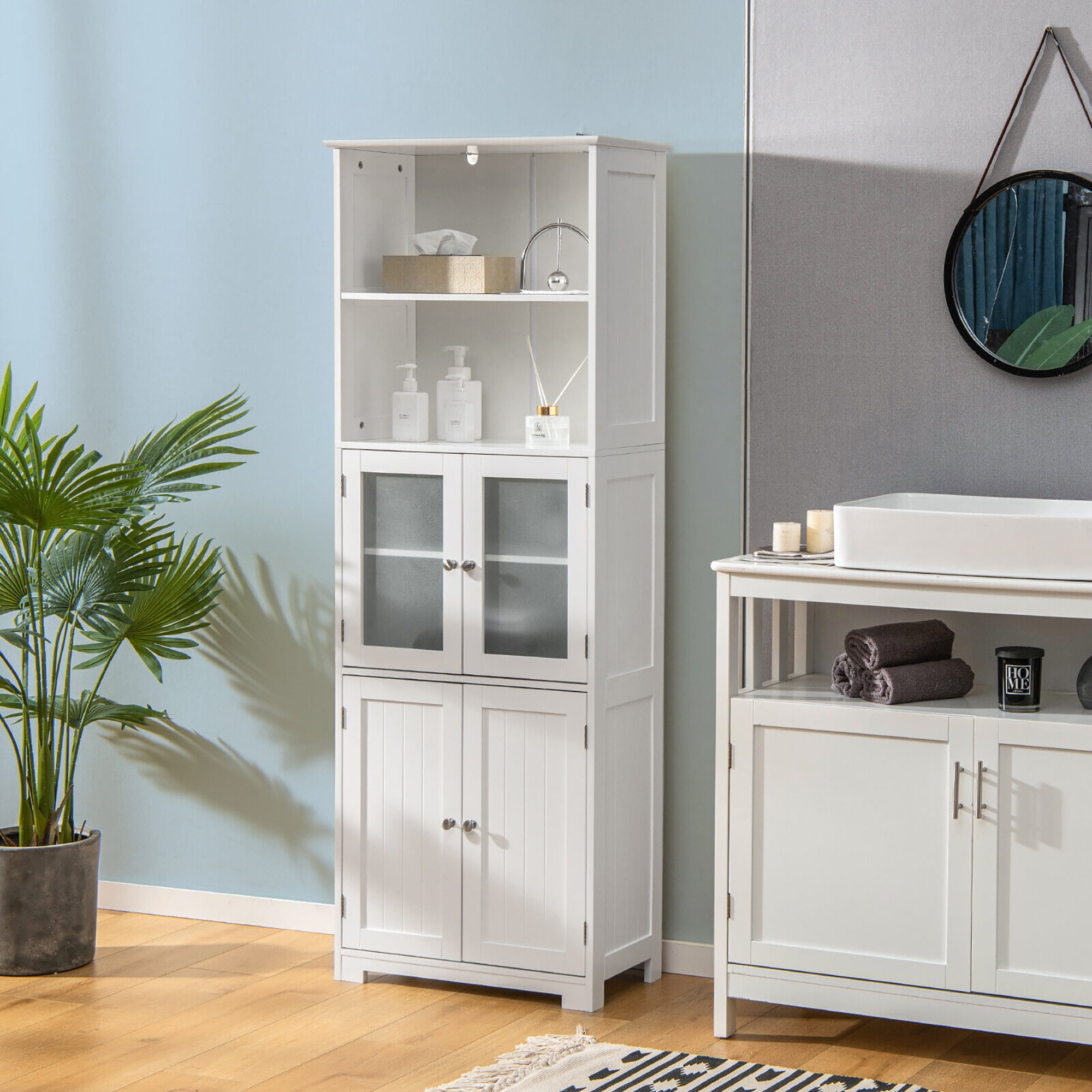 Gymax Bathroom Tall Storage Cabinet Linen Tower w/ Glass Door & Adjustable Shelf White