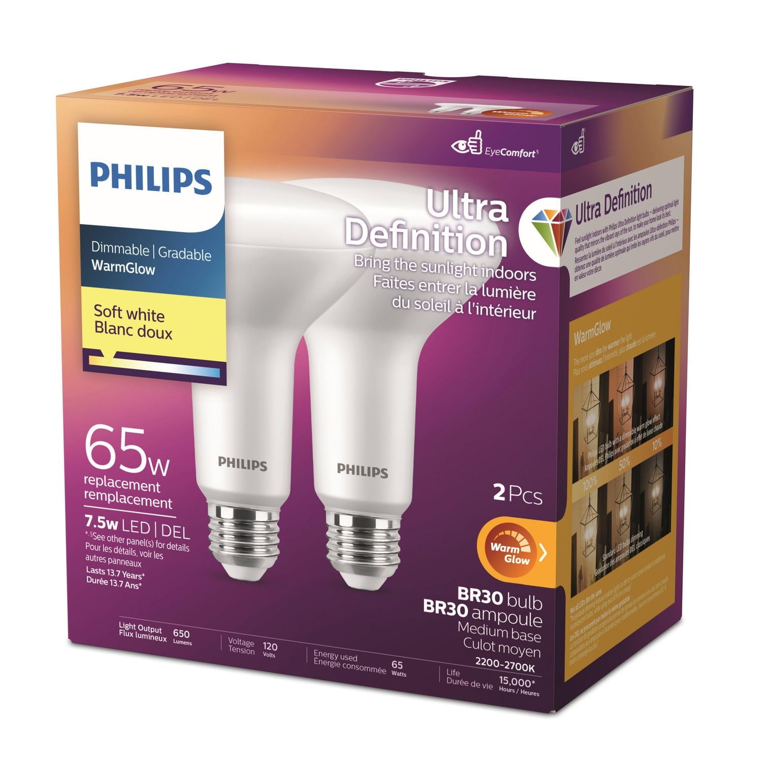 PHILIPS 7,2 W (65 W) BR30 ultra haute définition, culot moyen, ampoule LED à intensité variable, blanc doux, paquet de 2 LED BR30, paquet de 2