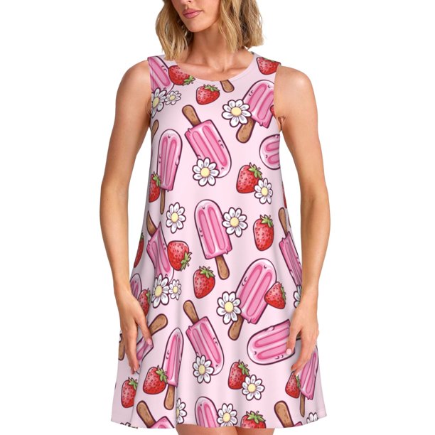 Balery Strawberry Popsicle Vestidos de verano para mujer con estampado: vestido holgado sin mangas, vestido playero informal y cómodo para días calurosos.