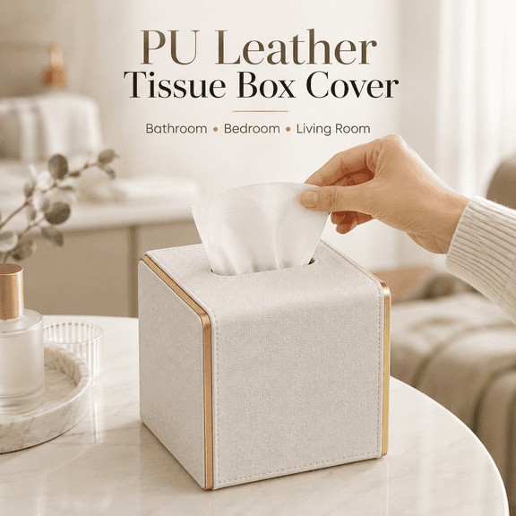 MORAVE Beige Square Tissue Box Cover, Linen & PU Leather Holder with Magnetic Closure, Cube Style for Bathroom Bedroom Office