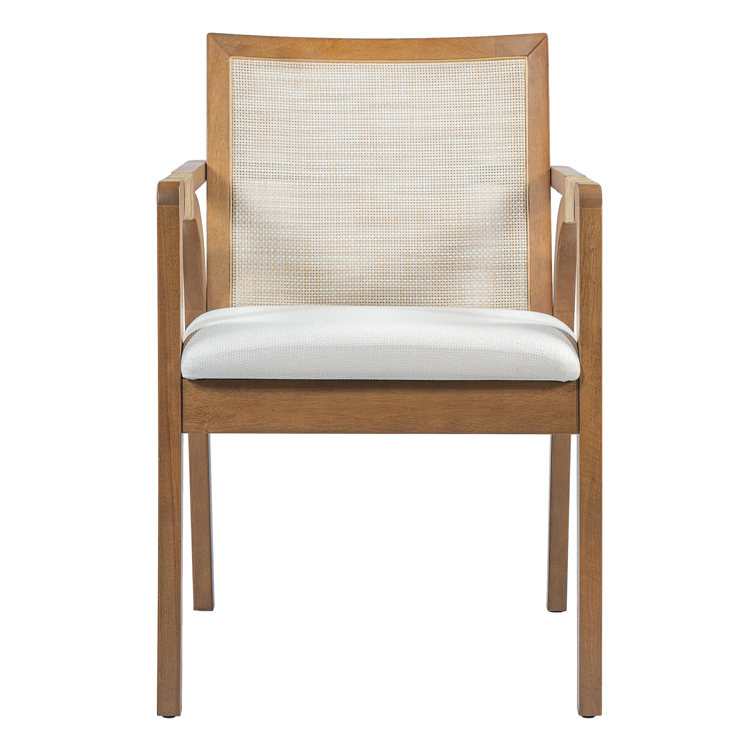 Dining Arm Chairs Set of 2, Rubber Wood Frame Dining Chairs with Textilene Back, PE Rattan Decor Armrest, Upholstered Fabric Cushion, Indoor Kitchen Dining Chairs, Walnut Frame with Beige Cushion