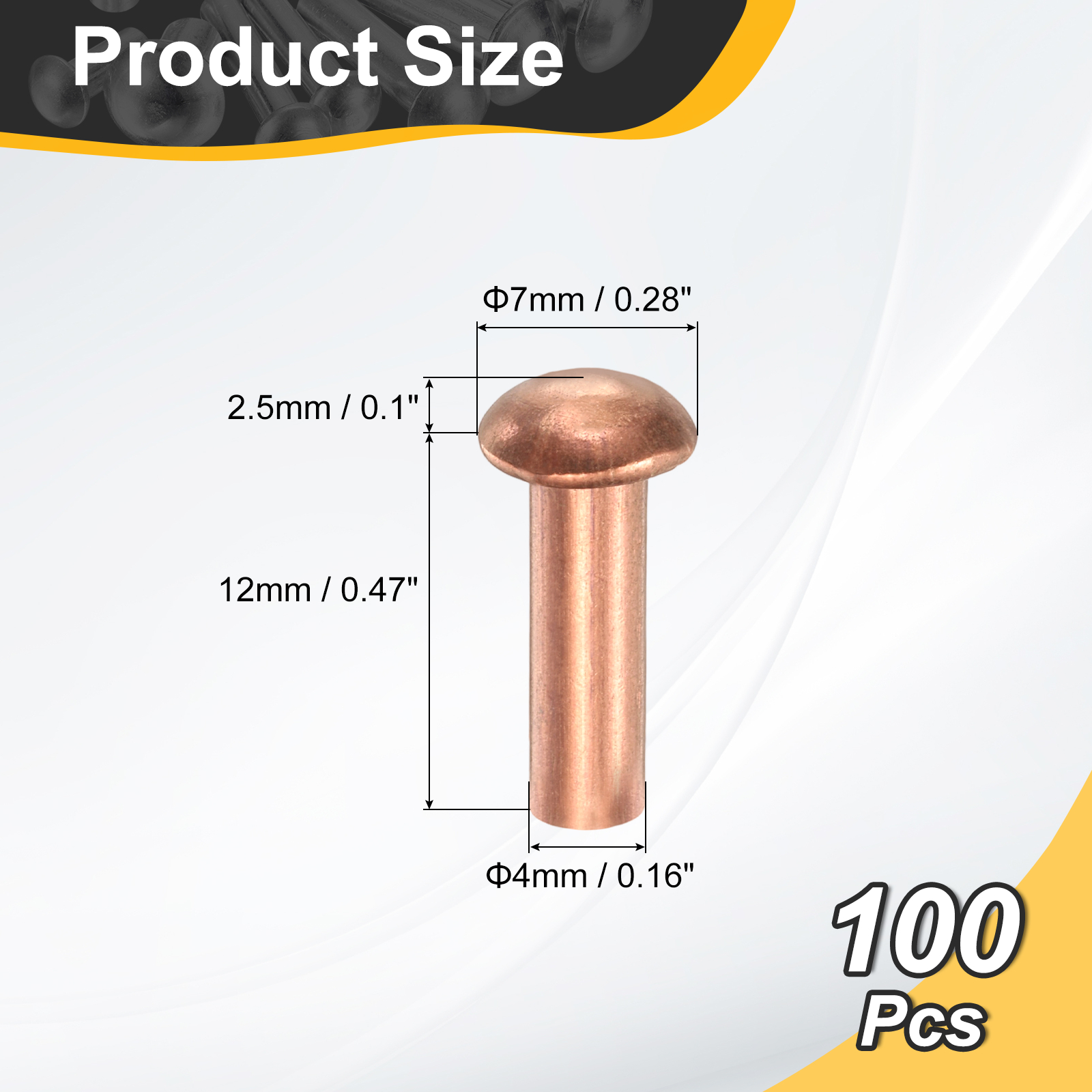 100 Pack Copper Solid Rivets, 0.16"x0.47" Half Round Head Rivet Metal Fasteners