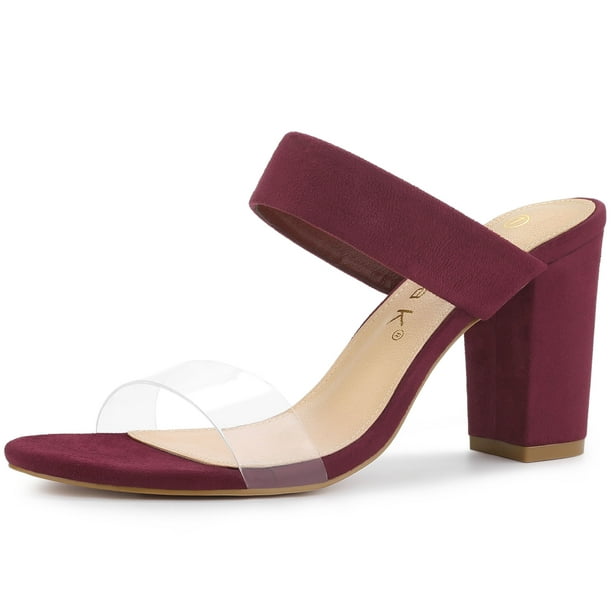 Sandalias Correa Transparente Doble Tacones De Bloque Para Mujer Borgoña 36