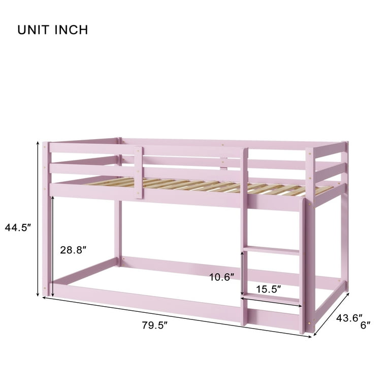 PORKISS Twin Over Twin Low Bunk Bed, Pink Wood Frame with Safety