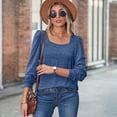 thumbnail image 4 of Loose casual bubble sleeve square neck long sleeve T-shirt（blue）, 4 of 6