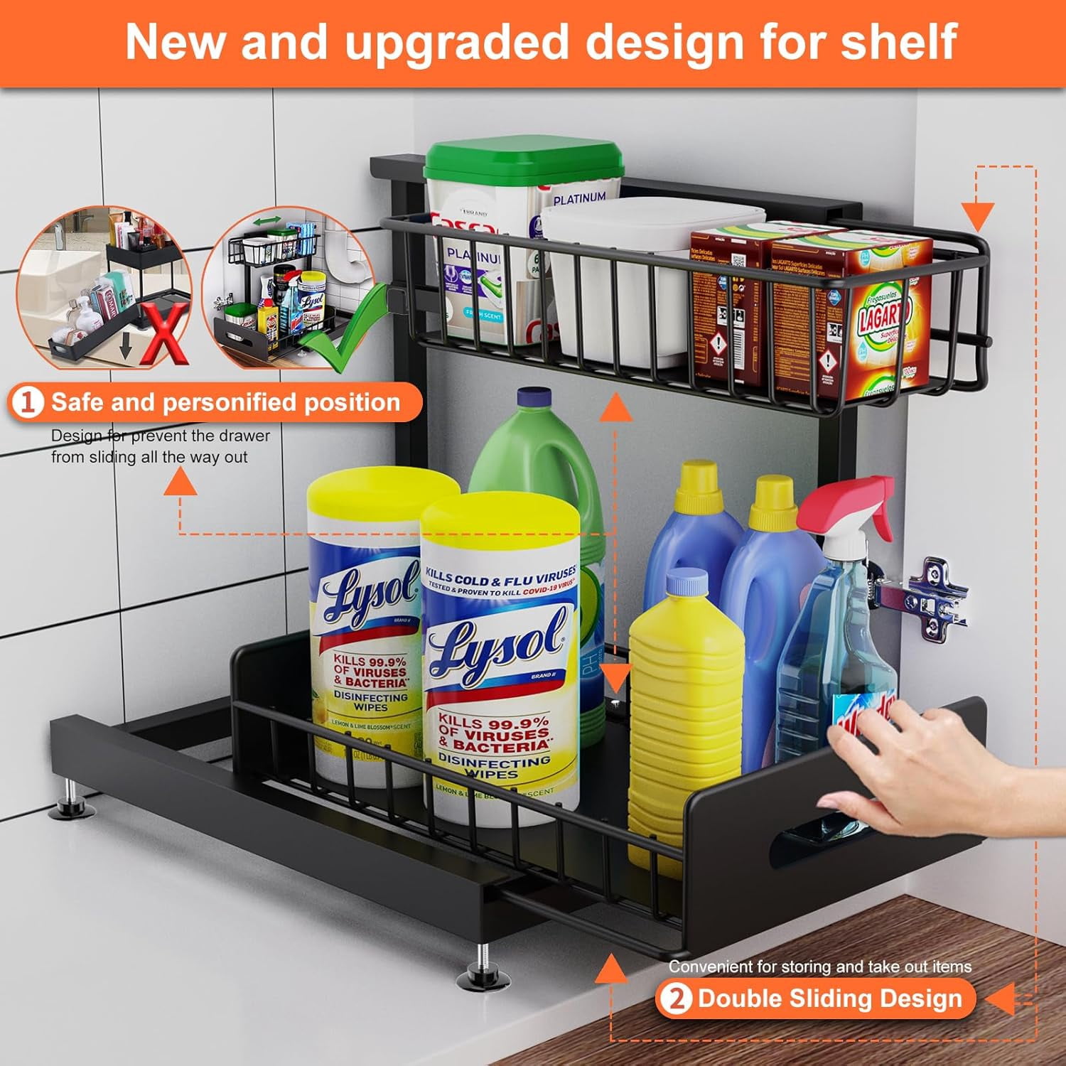 2 Pack Under Sink Organizers, Adjustable L Shape Pull Out Cabinet Storage for Kitchen Bathroom