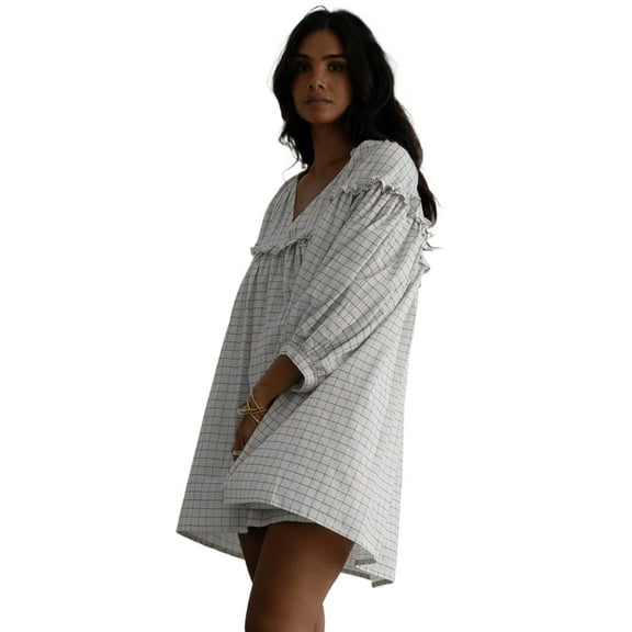 Women's White Stripe Checkered Frilled V Neck Bracelet Sleeve Babydoll Dress | [ZhiHiMeRi] | (US 12-14)L