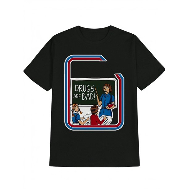 Camiseta negra divertida de inspiración vintage para hombre con el gráfico "Las drogas son malas". Manga corta informal, algodón, lavable a máquina. Regalo ideal de verano para él.