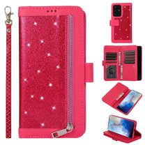 Zipper Wallet Case for Samsung Galaxy S20 Ultra 6.9", Allytech Bling Glitter Leather Case with 9 Credit Card Holder Flip Magnetic Closure Stand Cover with Cash Pocket and Hand Strap, Rose
