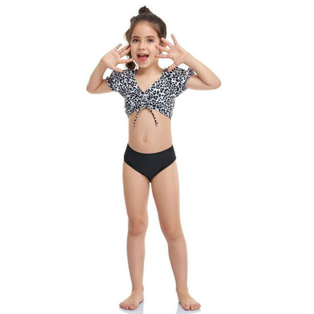 6-14 Yrs Teen Girls Leopard Swimsuits Two-pieces Bathing Suits for Juniors  Girls' Short Sleeve Ruffle Crop Top + Bikini Bottoms Set Kids Quick Dry 