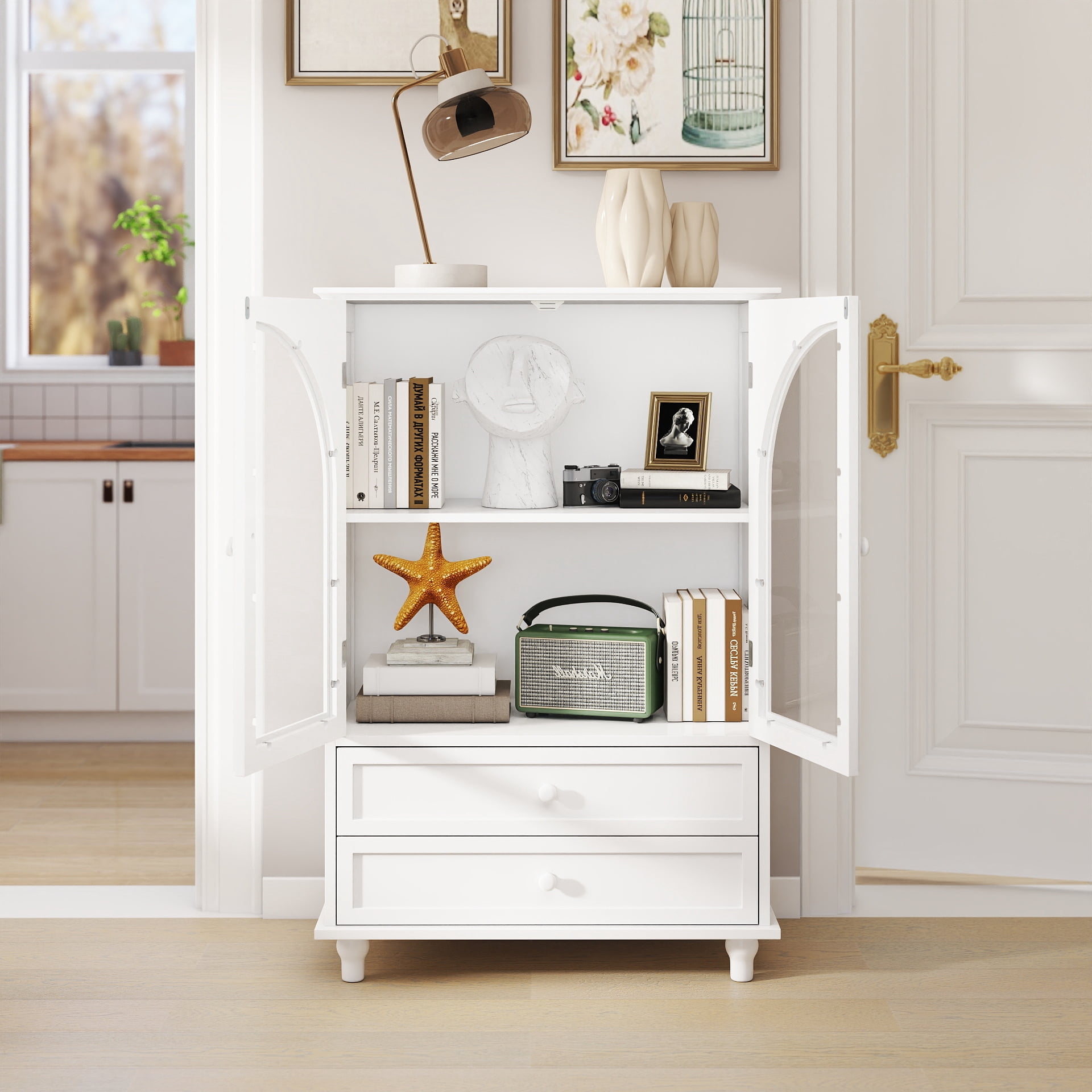 Farmhouse Storage Cabinet, Arched Tempered Glass Door Buffet Sideboard with Tiered Top, 2‑Drawer Pantry Cabinet for Kitchen Dining Living Room Entryway Coffee Bar