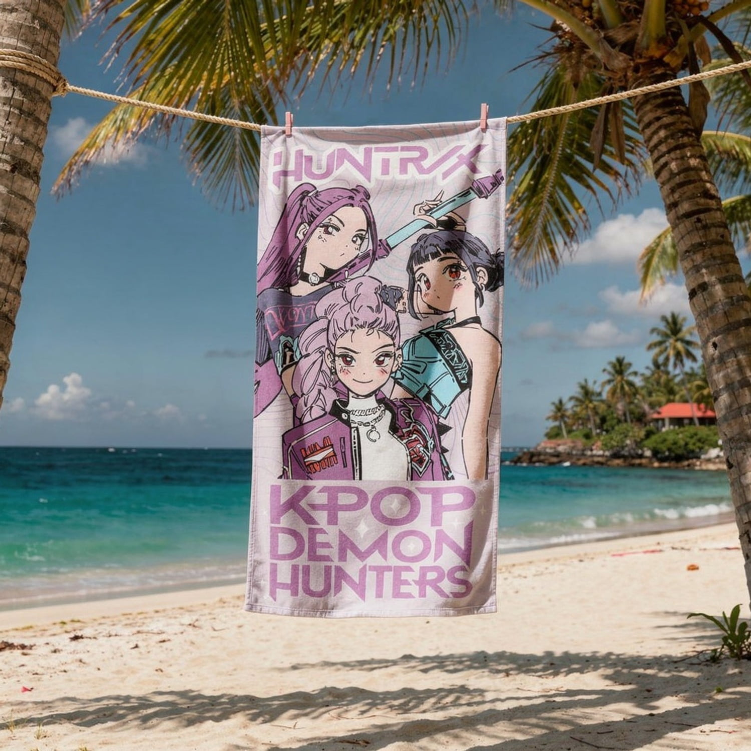 KPOP Demon Hunters Trio of Hunters Kids Beach Towel, Cotton, Purple, Netflix, 28" x 58"
