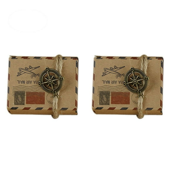 CIMAXIC 50 Pcs Boîtes à Faveurs Vintage Airmail Bonbonnière avec Boussole Boîtes à Friandises en Papier Kraft Boîtes Cadeaux de Mariage (avec Boussole et Corde en Chanvre), 2.36"X1.77"X1.38 Pouces