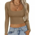 thumbnail image 2 of Women Long Sleeve Square Neck Navel Top Ribbed Slim Fit Top Casual Basic T Shirt, 2 of 7