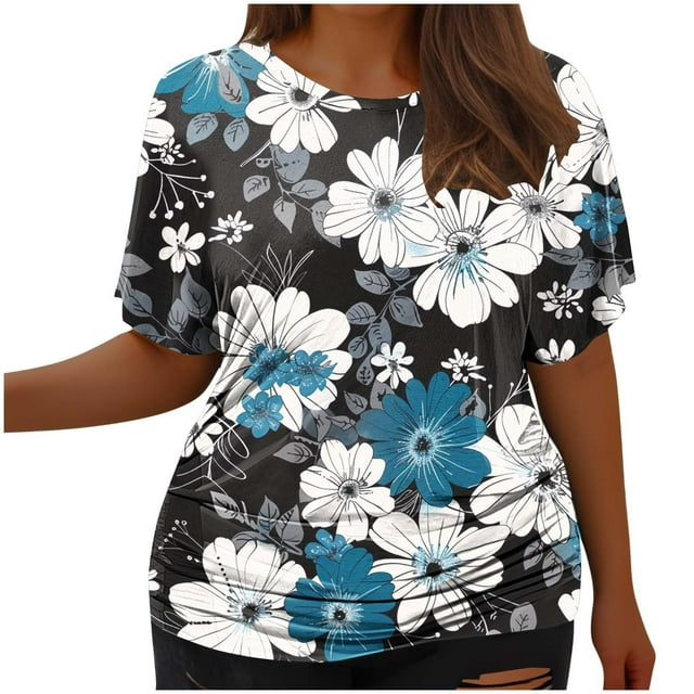 Fiudx Liquidación de Ahorros de Verano Camiseta de Manga Corta Grande con Cuello Redondo Plisada y Cintura de Manga Corta Informal a La Moda para Mujer