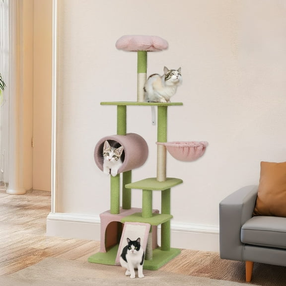 ModFusion Flower-Shaped Cat Tree with Hammock & Scratching Posts - Pink & Green Plush Multi-Level Tower, 65" High