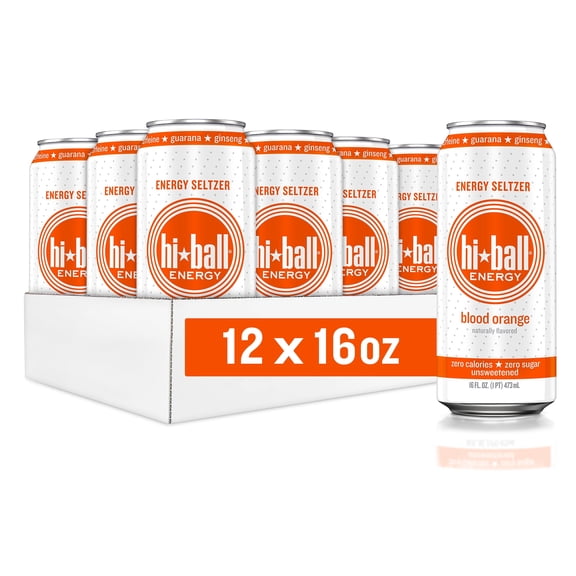 Hiball Clean Energy Drink, Zero Sugar Caffeinated Seltzer Water, Blood Orange, 16 Fl Oz, 12 Pack