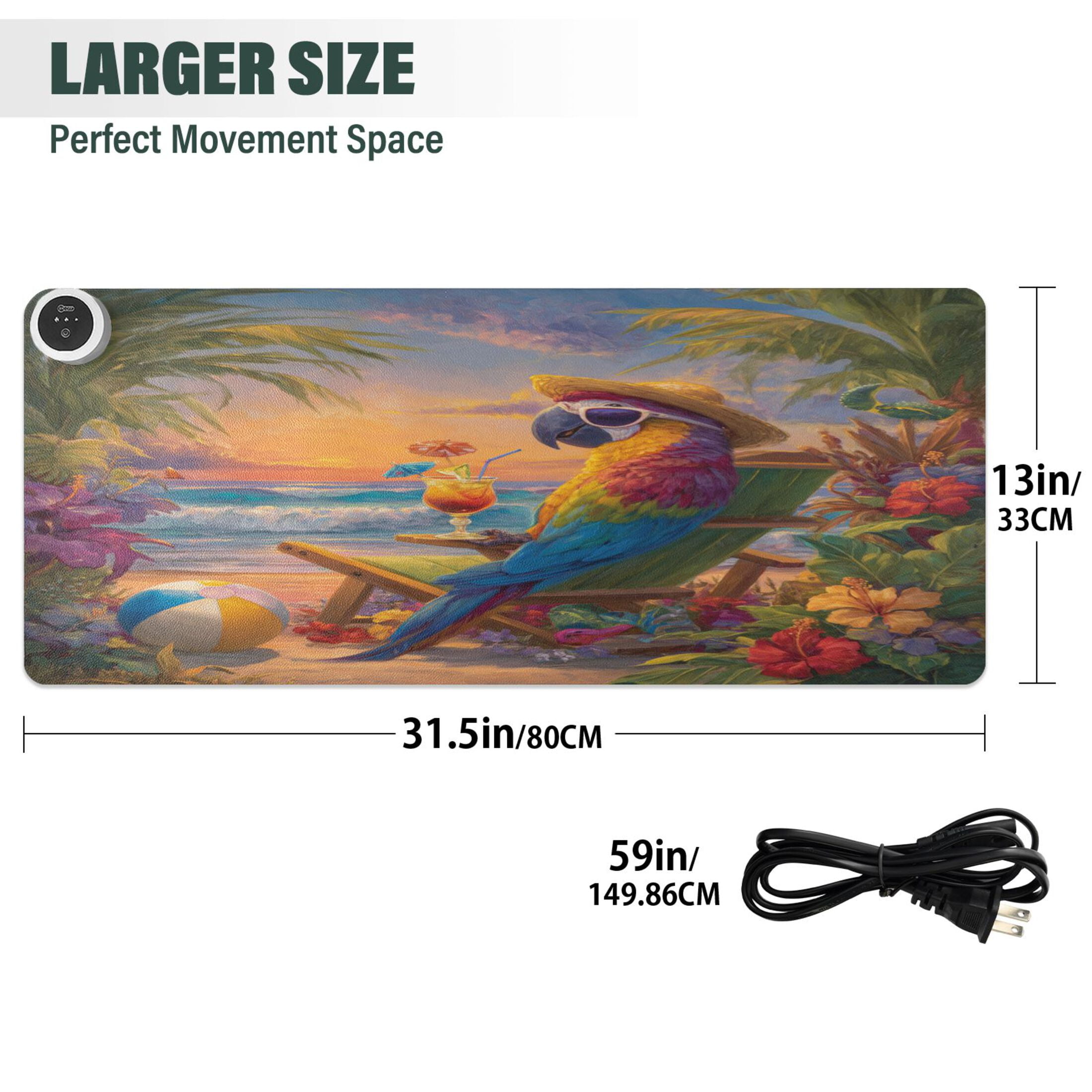 Wobogo Beach Parrot Heated Mouse Pad Extra-Large Desk Mat With 3 Heating Levels and 3-hour Auto Shut-Off Protection Ideal for Computer Keyboards Home Office Hand-warming Essential 31.5in × 13in