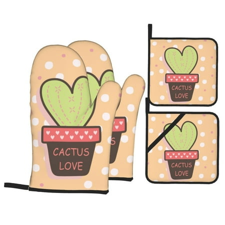 

Oven Mitts and Pot Holders Set Baking 4-Piece Set for Kitchen for Outdoor BBQ Mitts Heat Resistant Cooking Yellow Polka Dot Cactus Pattern