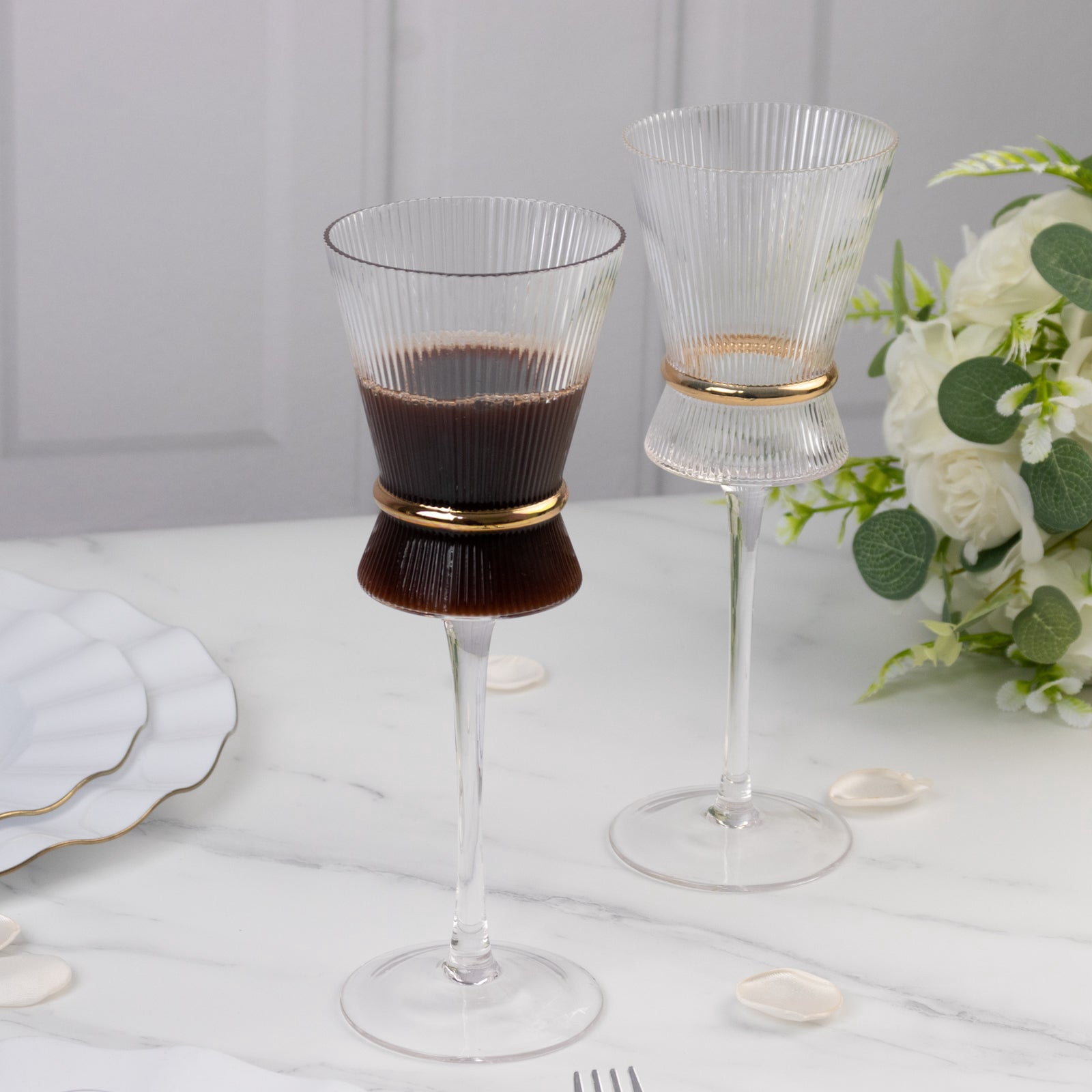 Efavormart 6-Pack Wine Glasses – 9oz Real Glass, Clear Ribbed Design with Gold Ring Accent, Elegant Glassware for Celebrations – 9" Tall