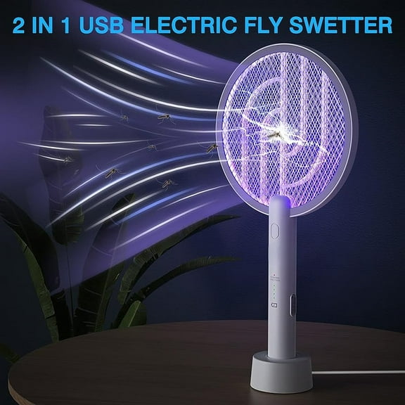 Electric Fly Swatter 4000V Bug Zapper Racket 2 in 1 Fly Swatter with 1200mAh Battery Rechargeable Mosquito Killer Lamp with 3 Layers Safety Mesh for Indoor and Outdoor