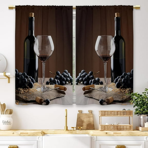 Brown Wine Kitchen Curtains Vintage Farmhouse Country Grape Glass Small Short Cafe Window Curtains Fruit Rod Pocket Bathroom Window Drapes Treatment Tier Curtains 2 Panels (27.5x36 Inch)