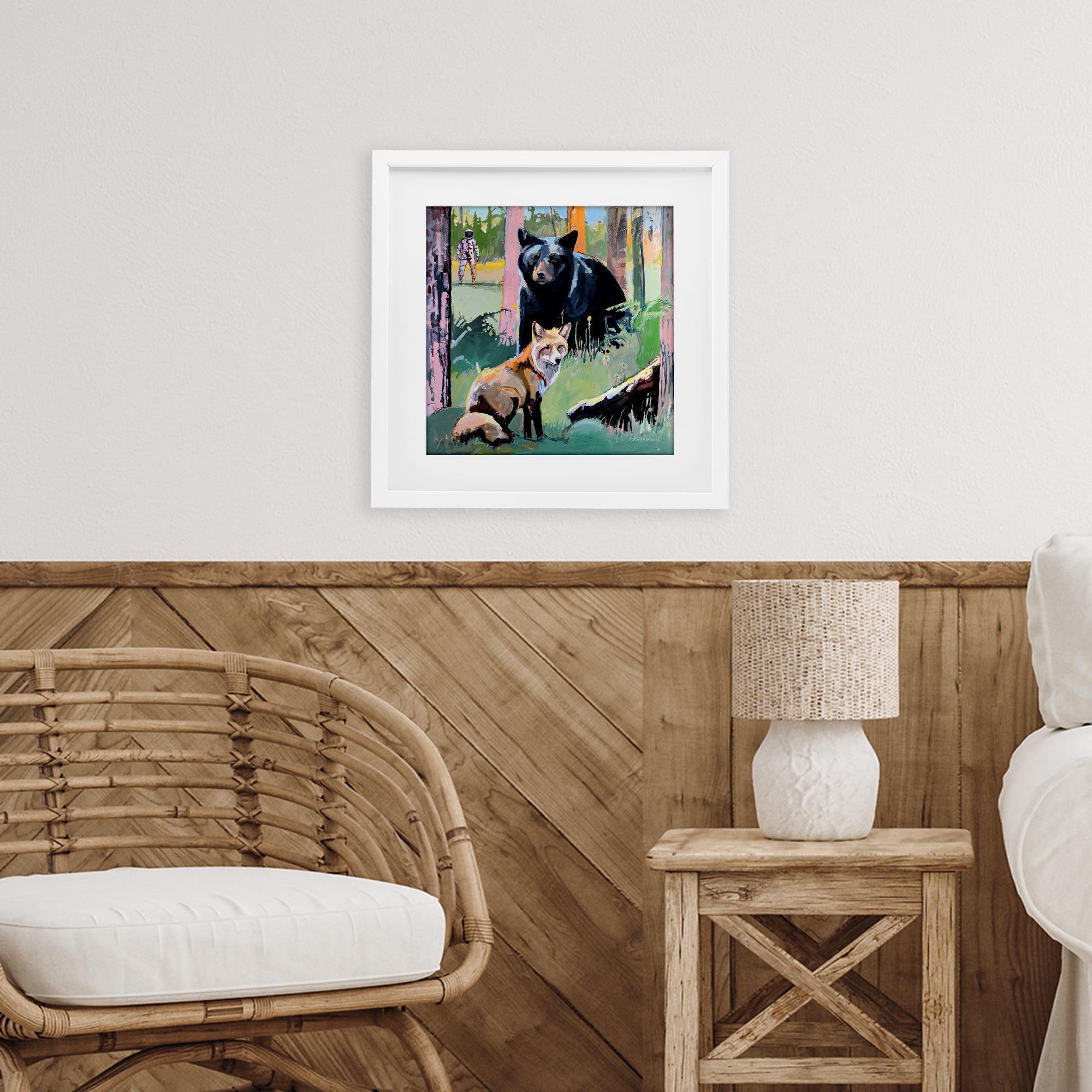 Forest Animals in Deep Space White Framed Print Under Glass, design by Adam Swanson